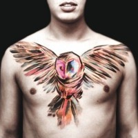 Tatuaggio grande sul petto il gufo colorato sbatte le ali