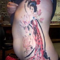 Lovely watercolor chinese girl tattoo on ribs