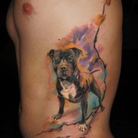 Schönes Aquarell Hunde Tattoo an Rippen