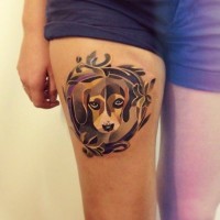Lovely watercolor dog tattoo on thigh by Sasha unisex