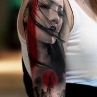 Lovely watercolor japanese geisha tattoo on half sleeve
