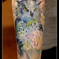 Lovely watercolor owl tattoo on arm