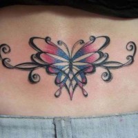 Lower back colored tribal butterfly tattoo with pattern