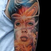 Magical illustrative style colored woman portrait tattoo on shoulder with space