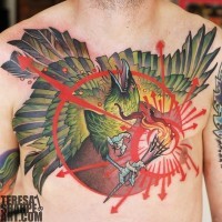 Magical looking multicolored chest tattoo of fantasy bird with torch
