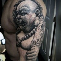 Magnificent 3D style shoulder tattoo of small Buddha statue