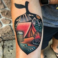 Magnificent acorn shaped forearm tattoo stylized with night camping