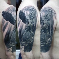 Magnificent black and white angel warrior tattoo on shoulder
