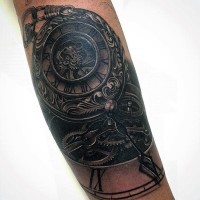 Magnificent black and white mechanic antic clock tattoo on leg