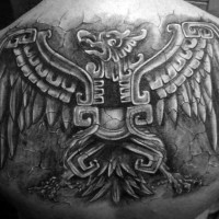 Magnificent black ink 3D like upper back tattoo of ancient wall sculpture