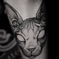 Magnificent black ink forearm tattoo of Sphinx cat head