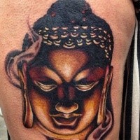 Magnificent colored detailed Hinduism Buddha's portrait thigh tattoo with smoke