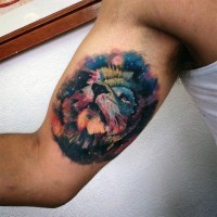 Magnificent colorful space sky with lion tattoo on arm