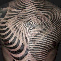 Magnificent designed black and white hypnotic tattoo on chest and neck