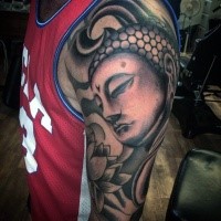 Magnificent Hinduism Buddha and lotus flower sleeve tattoo