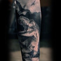 Magnificent looking illustrative style forearm tattoo of various dinosaurs