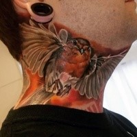 Magnificent looking realism style colored neck tattoo of flying bird