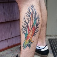Magnificent multicolored leg muscle tattoo of fantasy tree