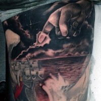 Magnificent painted and colored original nautical tattoo on thigh