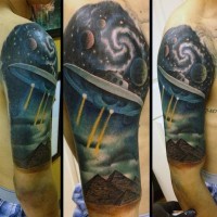 Magnificent painted multicolored alien ship with space and pyramids half sleeve tattoo