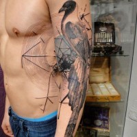 Prächtiger sehr realistischer bunter großer Vogel mit mystischen Kreisen Tattoo am Arm und Brust