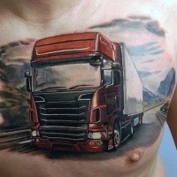 Magnificent realistic colored illustrative style chest tattoo of big truck