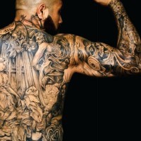 Magnificent very detailed black and white antic statues tattoo on whole back and sleeve