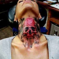 Magnificent very detailed colorful pink skull tattoo on neck stylized with flowers