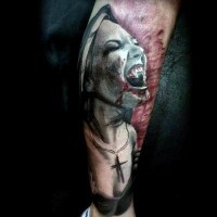 Magnificent very detailed looking colored bloody vampire woman tattoo on arm