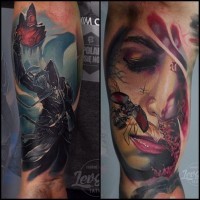 Tatuaje en el antebrazo, guerrero fantástico con mujer linda e insecto