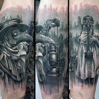 Magnificent vintage like forearm tattoo of plague doctor with girl