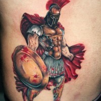 Majestic Spartan warrior with bloody shield colored realistic side tattoo