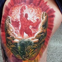 Marvel superhero world themed thigh tattoo of furious Hulk