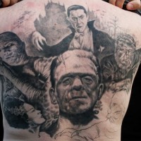 Marvelous big black and white realistic old horror movies heroes tattoo on upper back