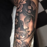 Marvelous black ink sleeve tattoo of cute Asian geisha portrait and flowers