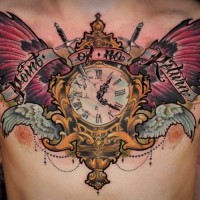 Marvelous colorful old clock tattoo with wings tattoo on chest with lettering