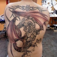 Marvelous detailed and colored whole back tattoo of fantasy dragon