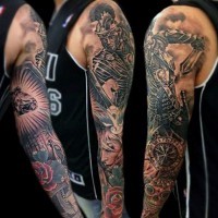 Marvelous detailed black ink fantasy warrior tattoo on shoulder
