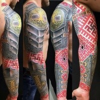 Erstaunliches geometrisches farbiges Ärmel Tattoo mit mittelalterlicher Rüstung