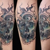 Marvelous illustrative style colored leg tattoo of human skull