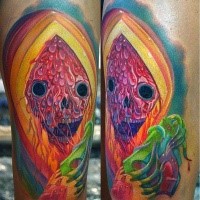 Tolles im illustrativen Stil farbiges Oberschenkel Tattoo mit Monster Pflanze