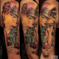 Marvelous illustrative style smoking clown tattoo on shoulder