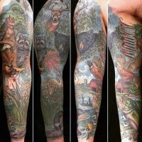 Marvelous large colorful illustrative style sleeve tattoo of various animals and lettering