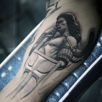 Marvelous looking black ink biceps tattoo of angel warrior statue