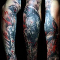 Marvelous looking colored bloody Spartan king tattoo on forearm