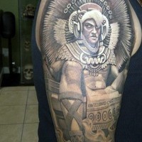 Marvelous looking colored shoulder tattoo of evil Mayan priest