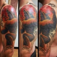Marvelous multicolored shoulder tattoo of evil werewolf and red moon