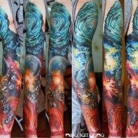 Marvelous multicolored sleeve tattoo of deep space