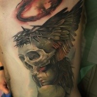 Marvelous mystical looking colored side tattoo of demonic woman with skull and wings