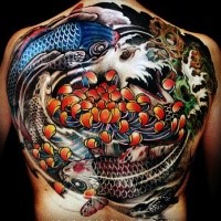 Marvelous neo japanese style colored whole back tattoo of various fishes and chrysanthemum flower